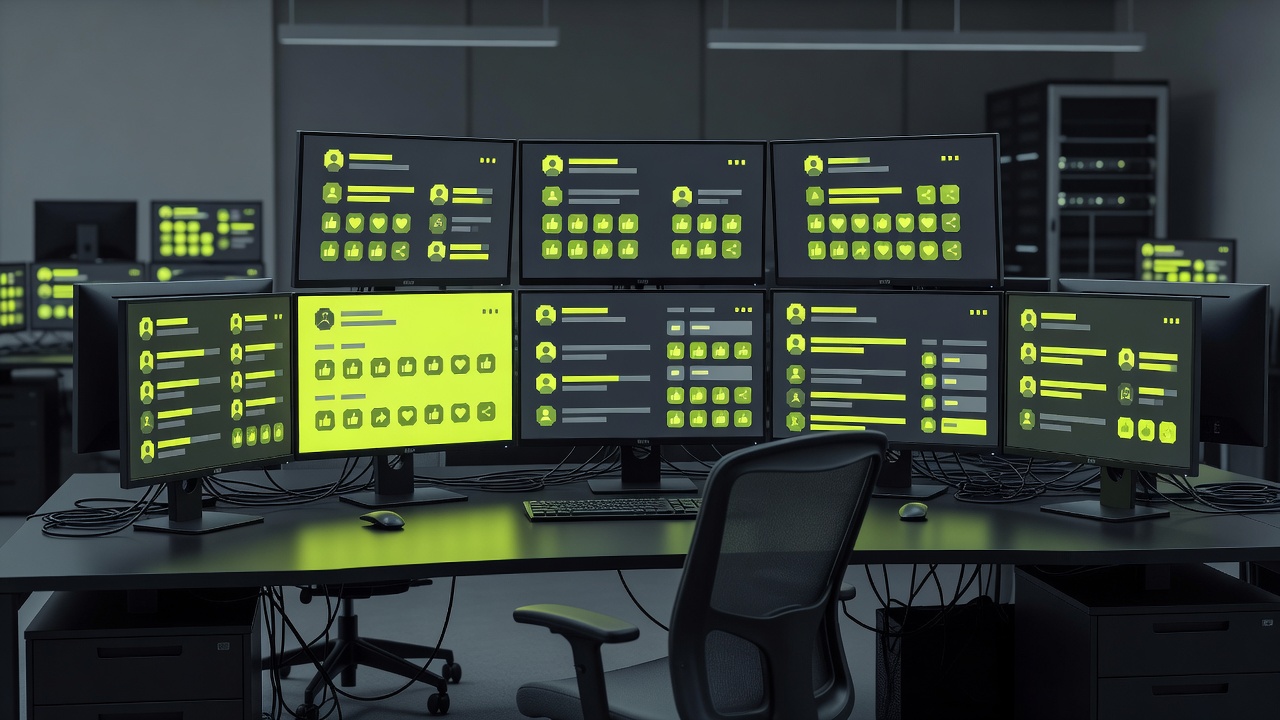 Newsroom desk with several monitors showing social media feeds, tinted slate and lime